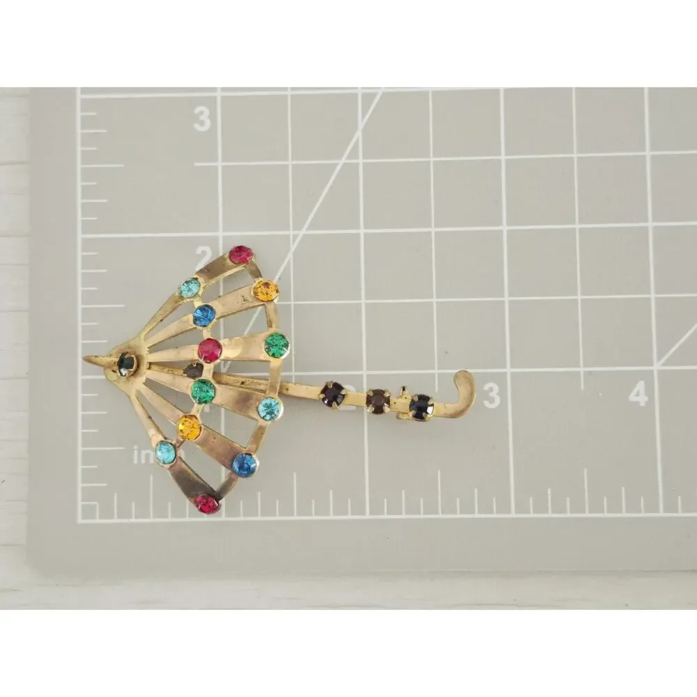 Vintage Multicolor Rhinestone Umbrella Brooch